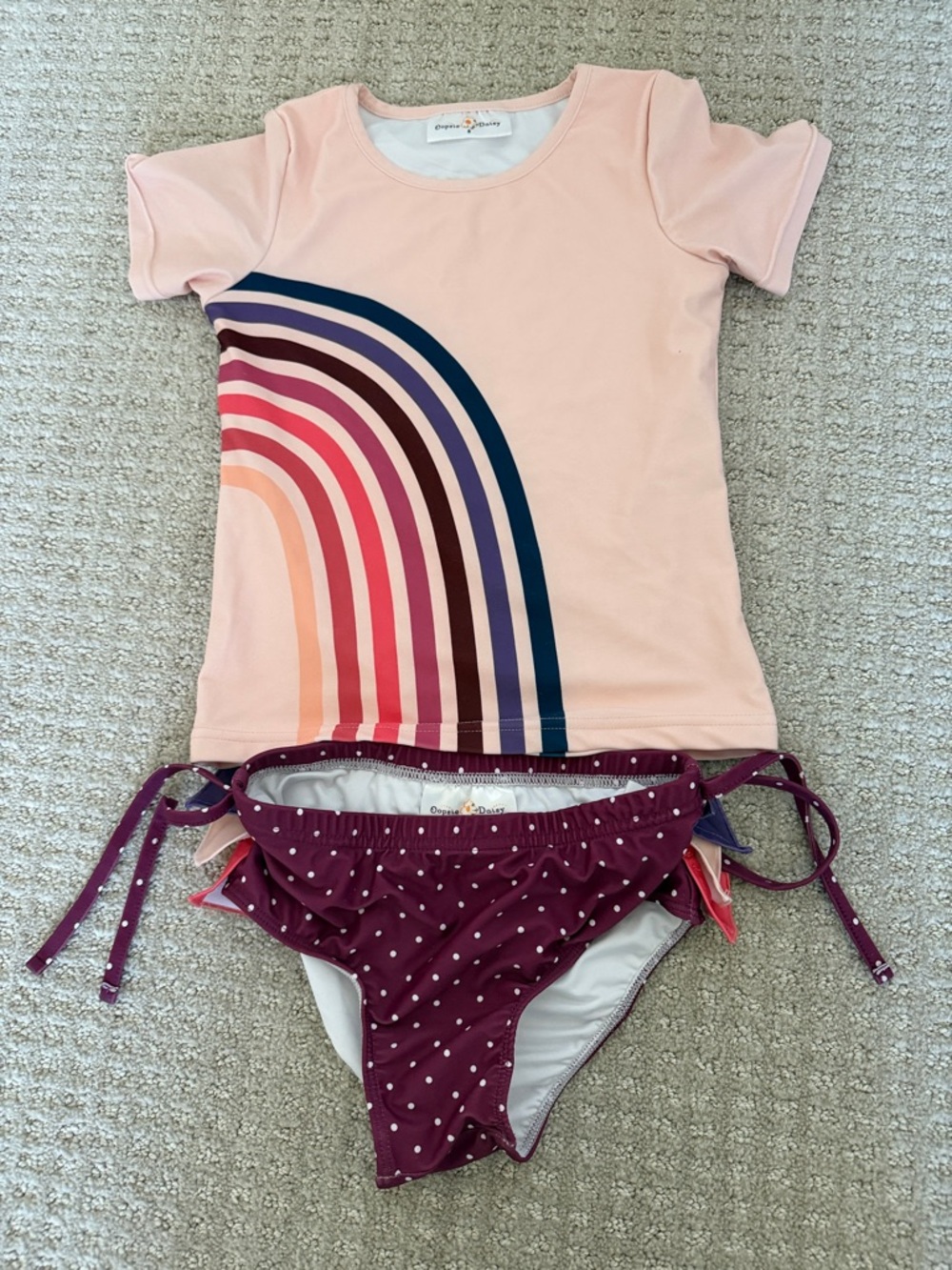 Oopsie Daisy  Light Pink Rainbow Rash Guard w/Polka Dot Bikini Bottoms sz 8